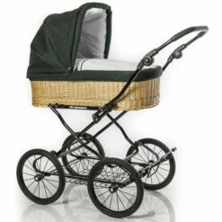 HESBA ClassicKorb Kinderwagen Außen 685 Innen 180 Black Edition - Räder Schwarz 30 Cm, Ledergriff Dunkelgrün